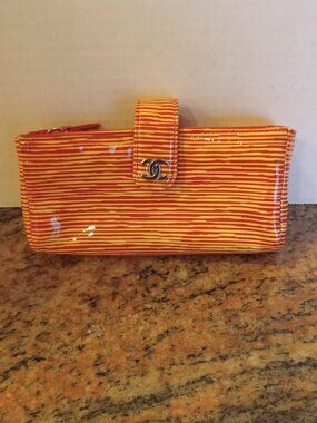 Chanel Red Orange Yellow Striped Patent Leather Pouch Wallet Clutch Bag